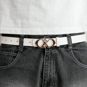 y2k chrome star buckle white leather belt — 2000s pop style